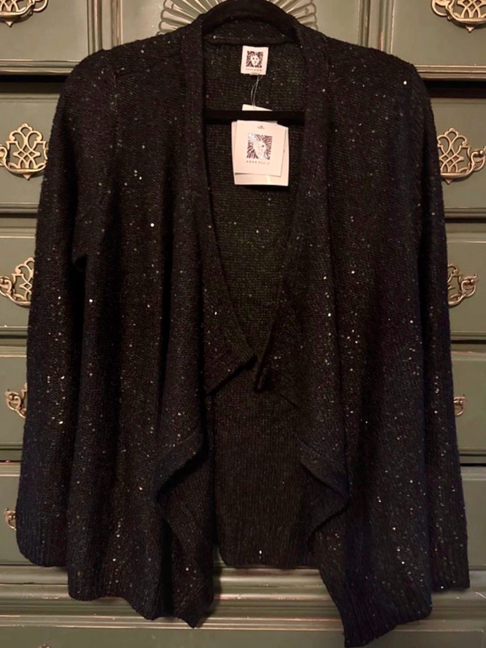 Anne Klein Black Sequin Open-Front Cardigan